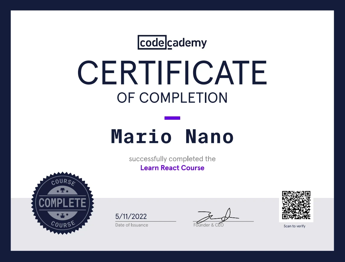 React JS certificate